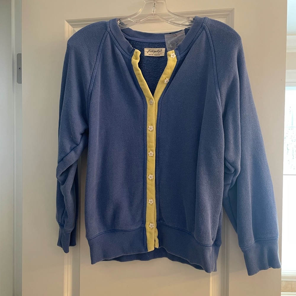 Free People Blue Cardigan with Yellow Button Placket